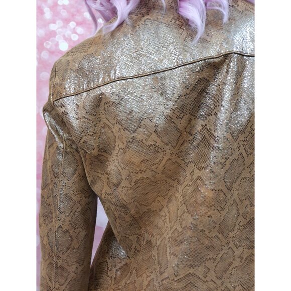 Y2K  Metallic Snake Print Leather Moto Jacket Womens Size M Tan Beige - Picture 10 of 12